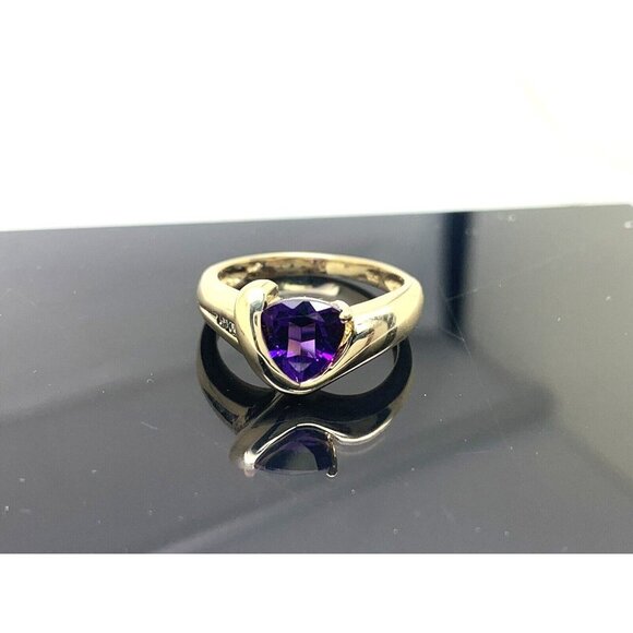 Amethyst Diamond Cocktail Ring Trillion Cut 14k Yellow Gold Estate Women… - Picture 11 of 14